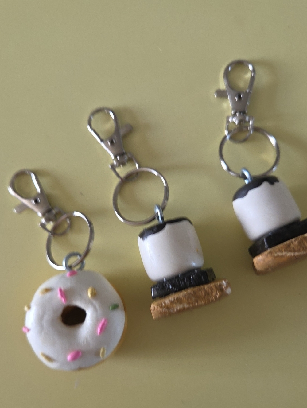 3 Cute Donut and Marshmallow S'mores Keychain Set - White, Black, Gold Accents